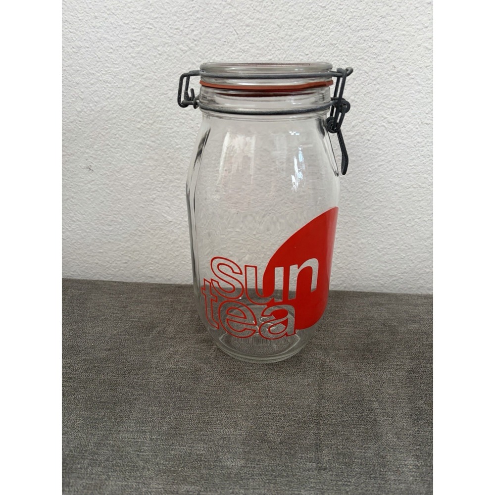 Glass Sun Tea Jar Wire Bail Lid Latch 2L, 2 Liter Red Typography Storage Jar